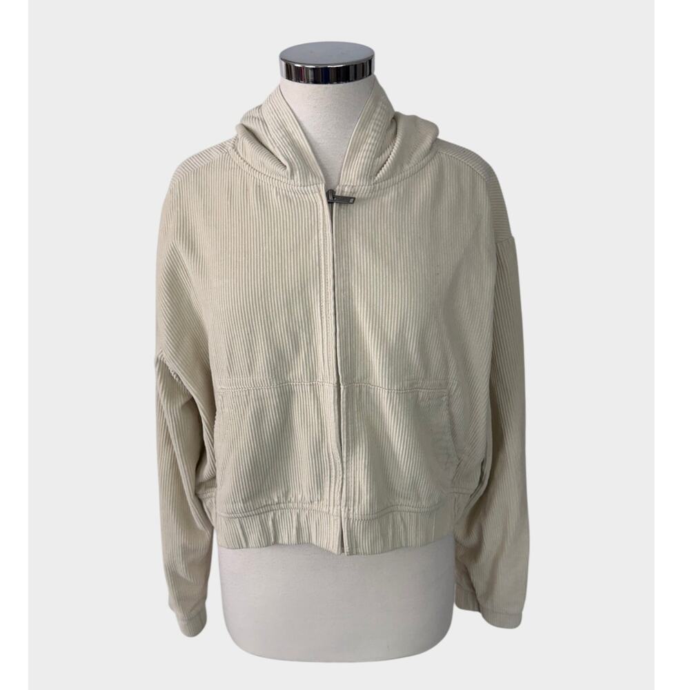 Hollister Medium Cream Cropped Corduroy Zip Up Hoodie Front Zip and Pockets
